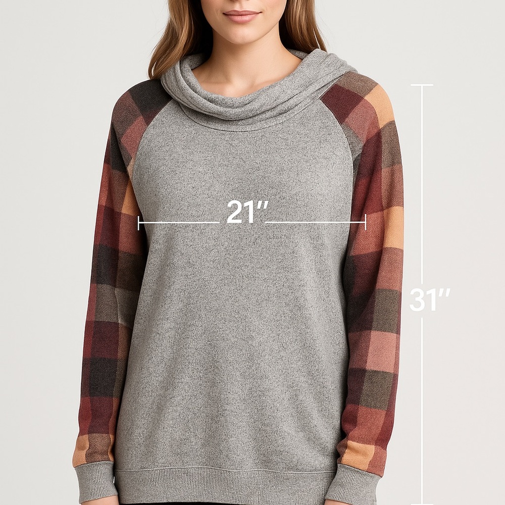 Maurices Plaid Sleeve Hooded Top Gray Red Black Soft Knit Pullover Size L